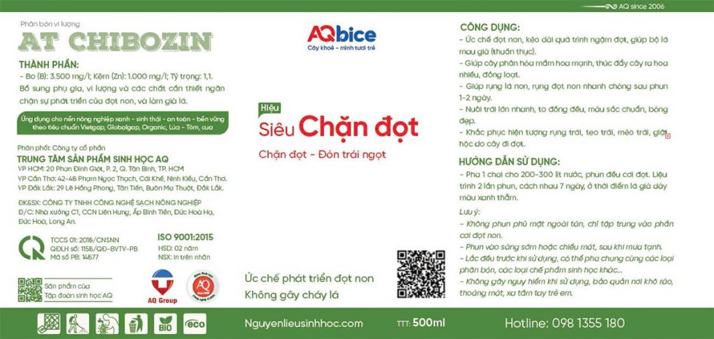 Siêu chặn đọt giúp ức chế đọt non, kéo dài thời gian “nghỉ ngơi” cho cây, chứa vi lượng Bo (3.500 mg/l) và Kẽm (1.000 mg/l) giúp cây ra hoa đồng loạt.